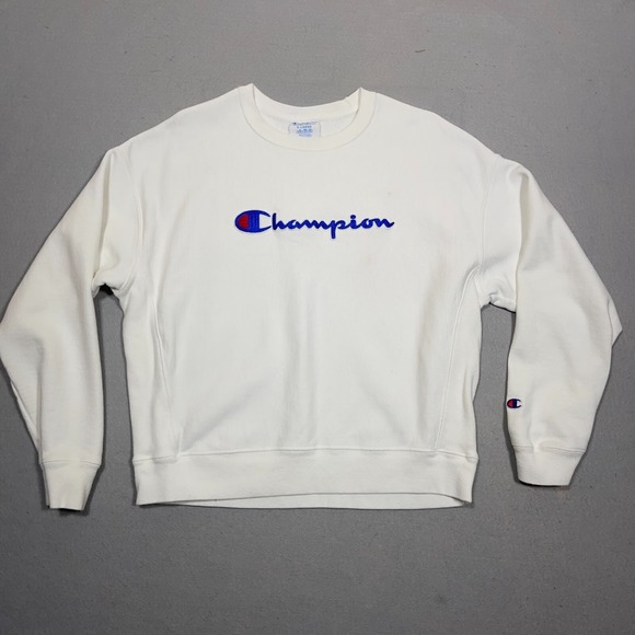 Champion Sweaters - Champion Reverse Weave Sweatshirt Crew Neck Pullover Blue Logo White Women XL